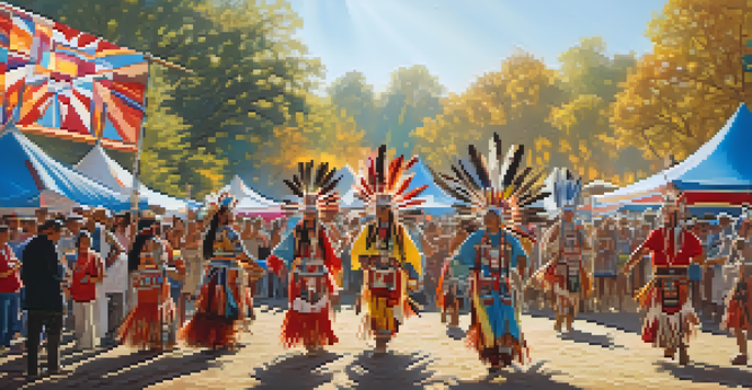 A lively outdoor festival scene featuring Native American dancers in traditional clothing, with colorful decorations and food stalls in the background.