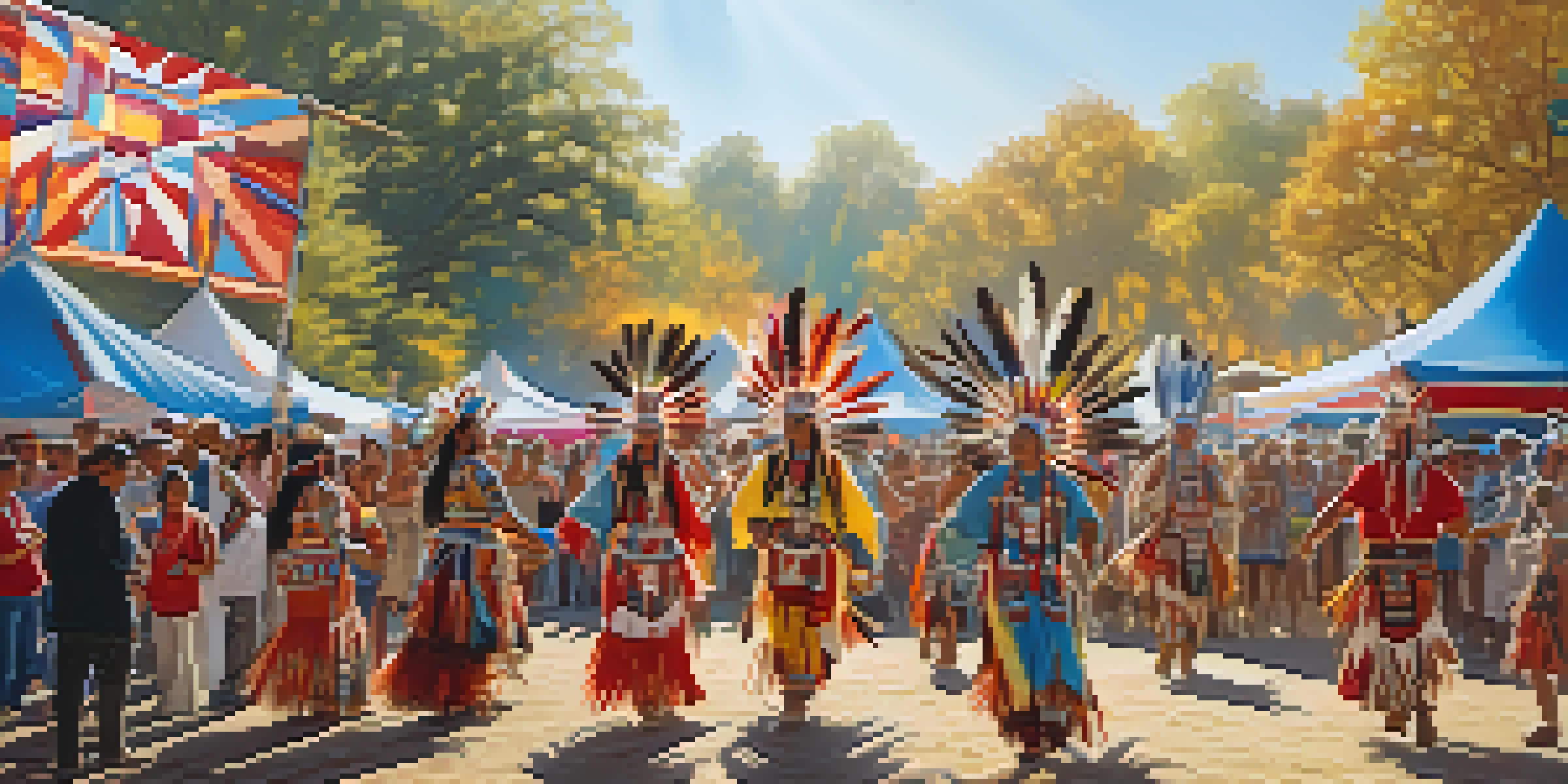 A lively outdoor festival scene featuring Native American dancers in traditional clothing, with colorful decorations and food stalls in the background.