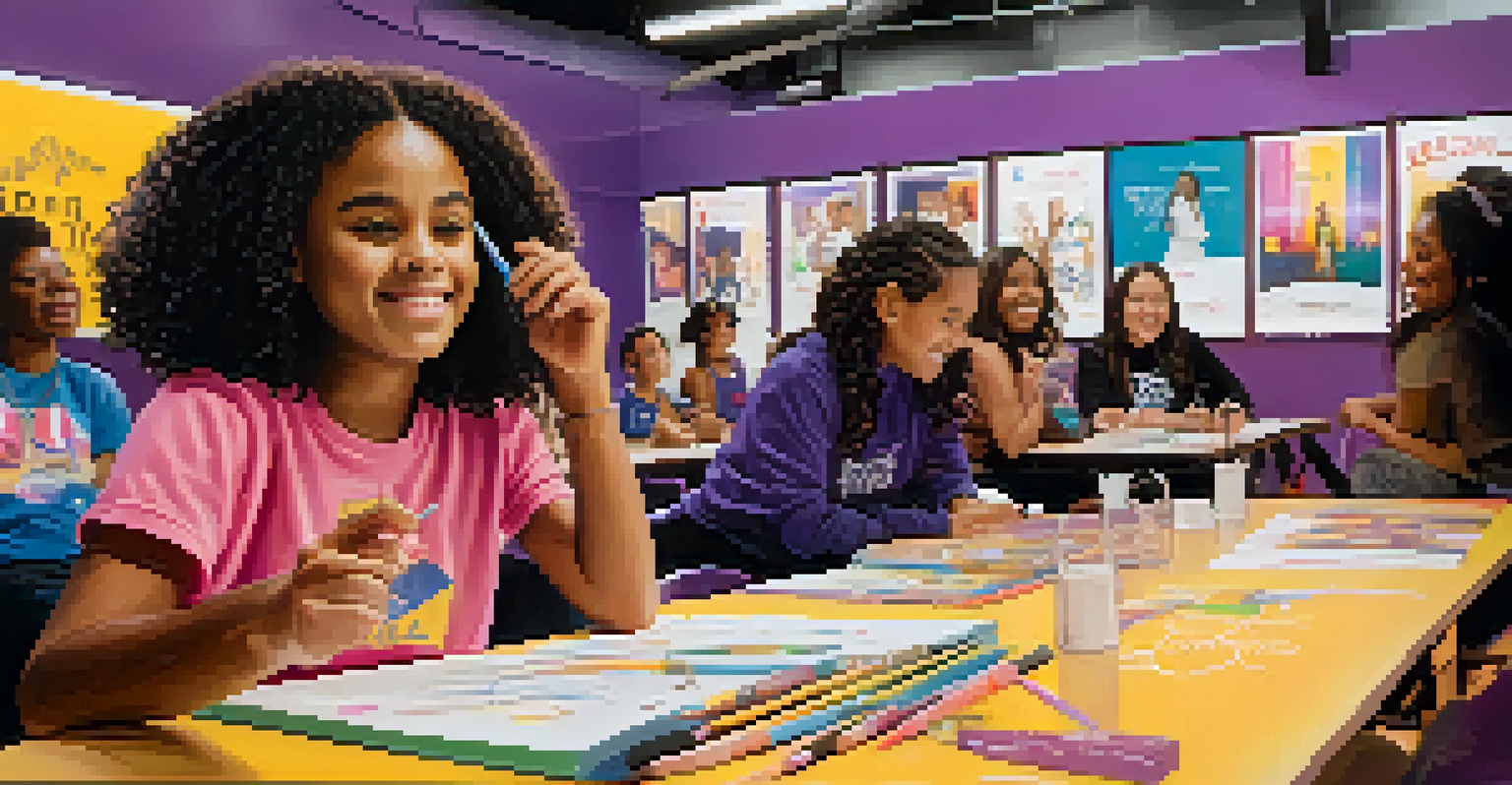 A young girl engaged in a workshop with players from the Los Angeles Sparks, surrounded by motivational posters in a bright and supportive environment.