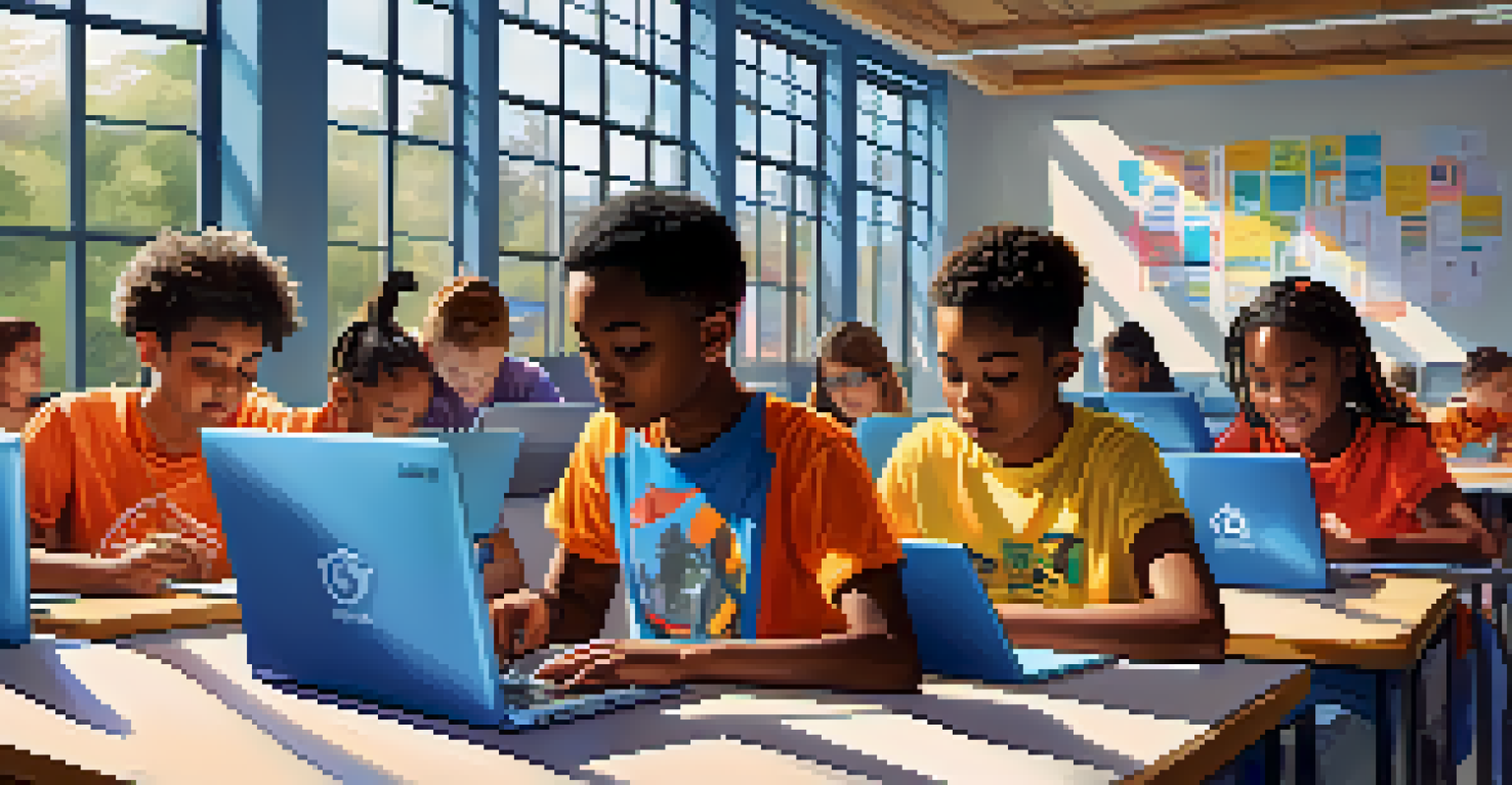Young students participating in a coding boot camp in a bright and modern classroom, focused on their laptops.