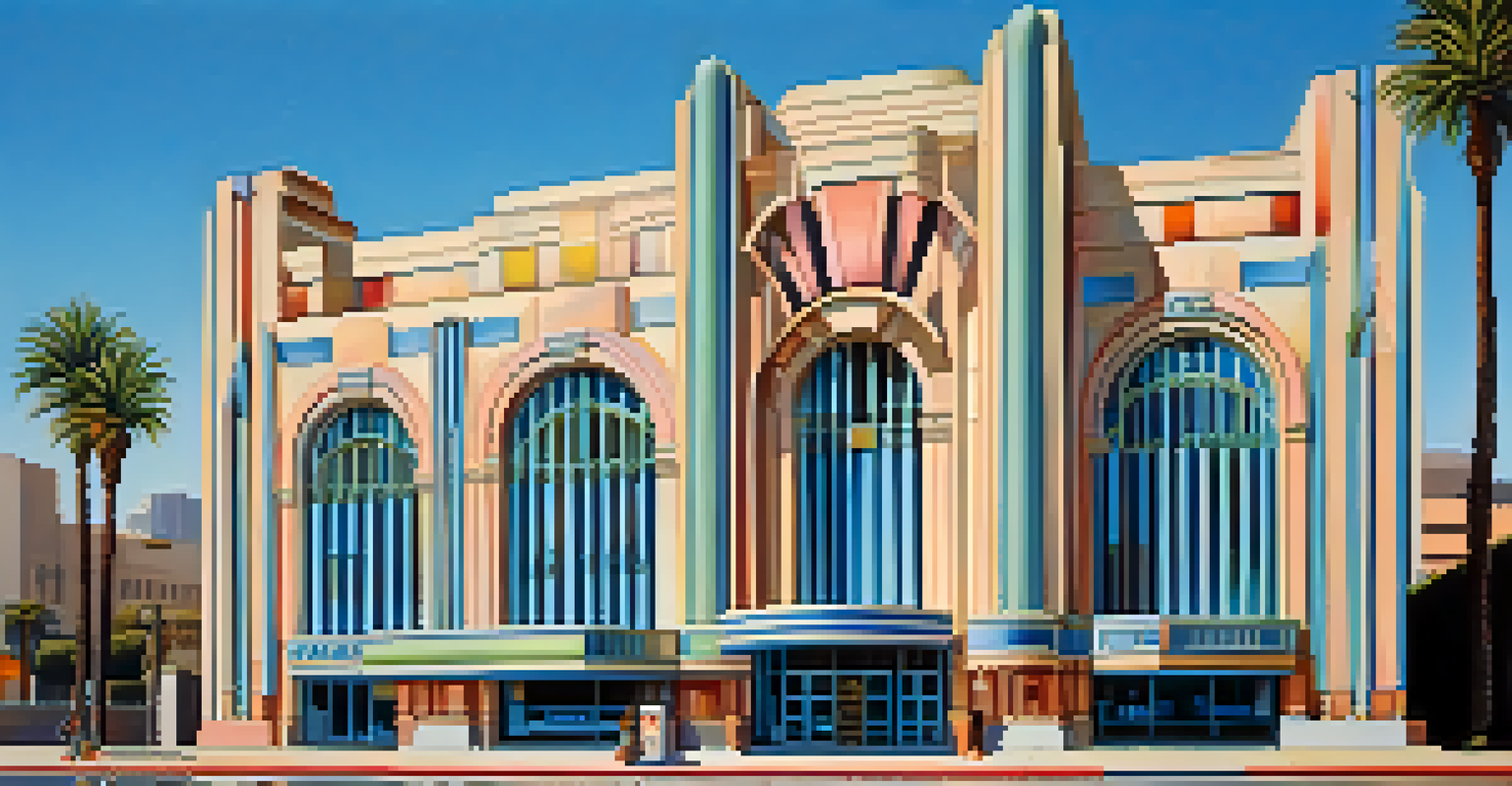An iconic Art Deco building in Los Angeles with streamlined forms and vibrant colors, surrounded by palm trees and a clear blue sky.