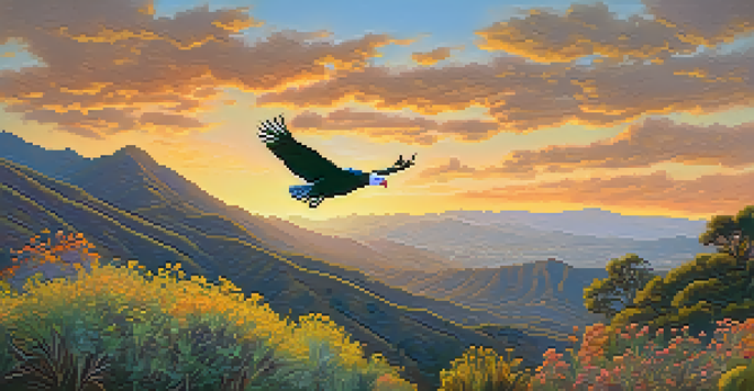 A sunset view of the Santa Monica Mountains with a California condor flying in the sky, surrounded by colorful wildflowers in the foreground.