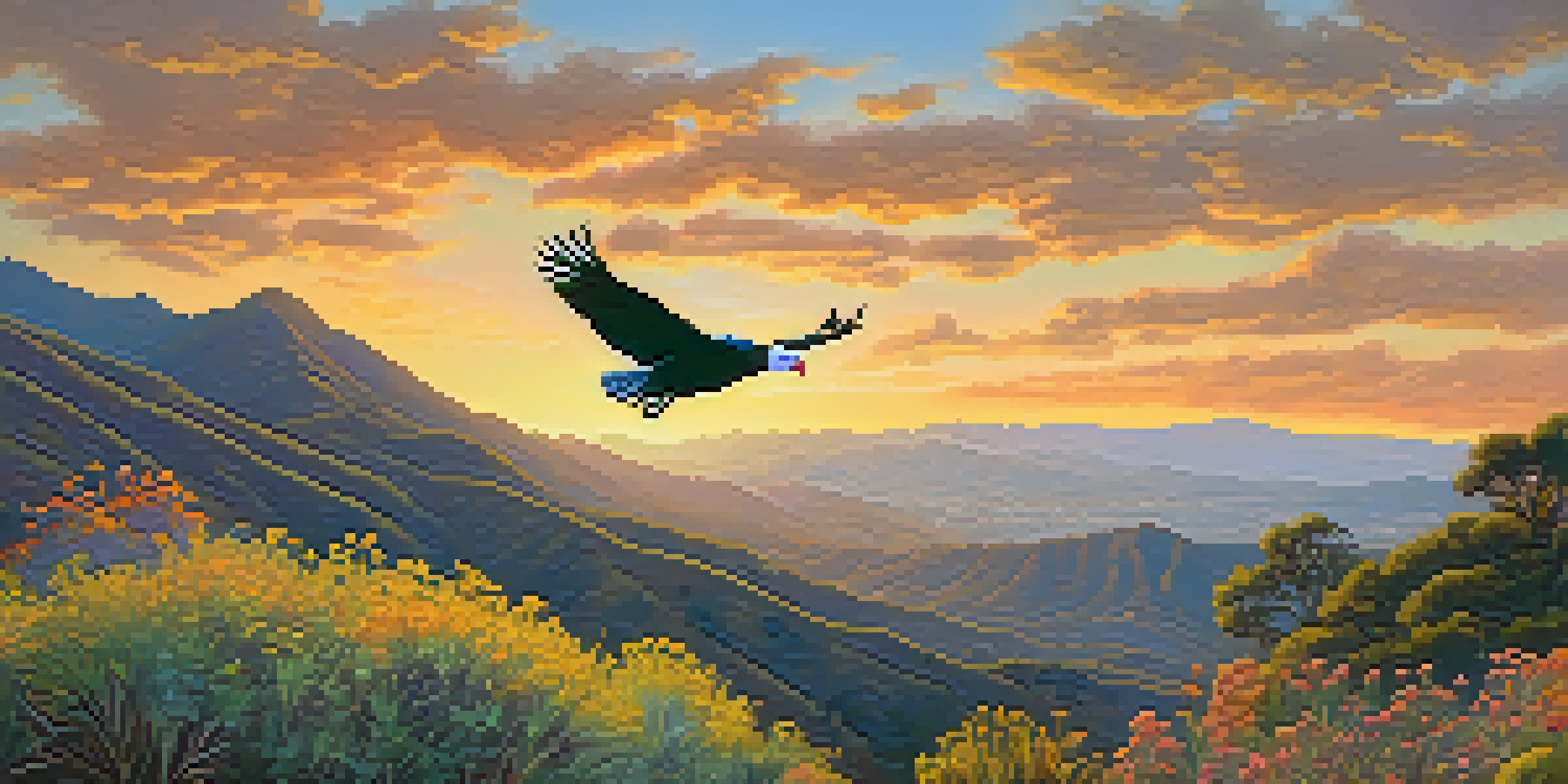 A sunset view of the Santa Monica Mountains with a California condor flying in the sky, surrounded by colorful wildflowers in the foreground.