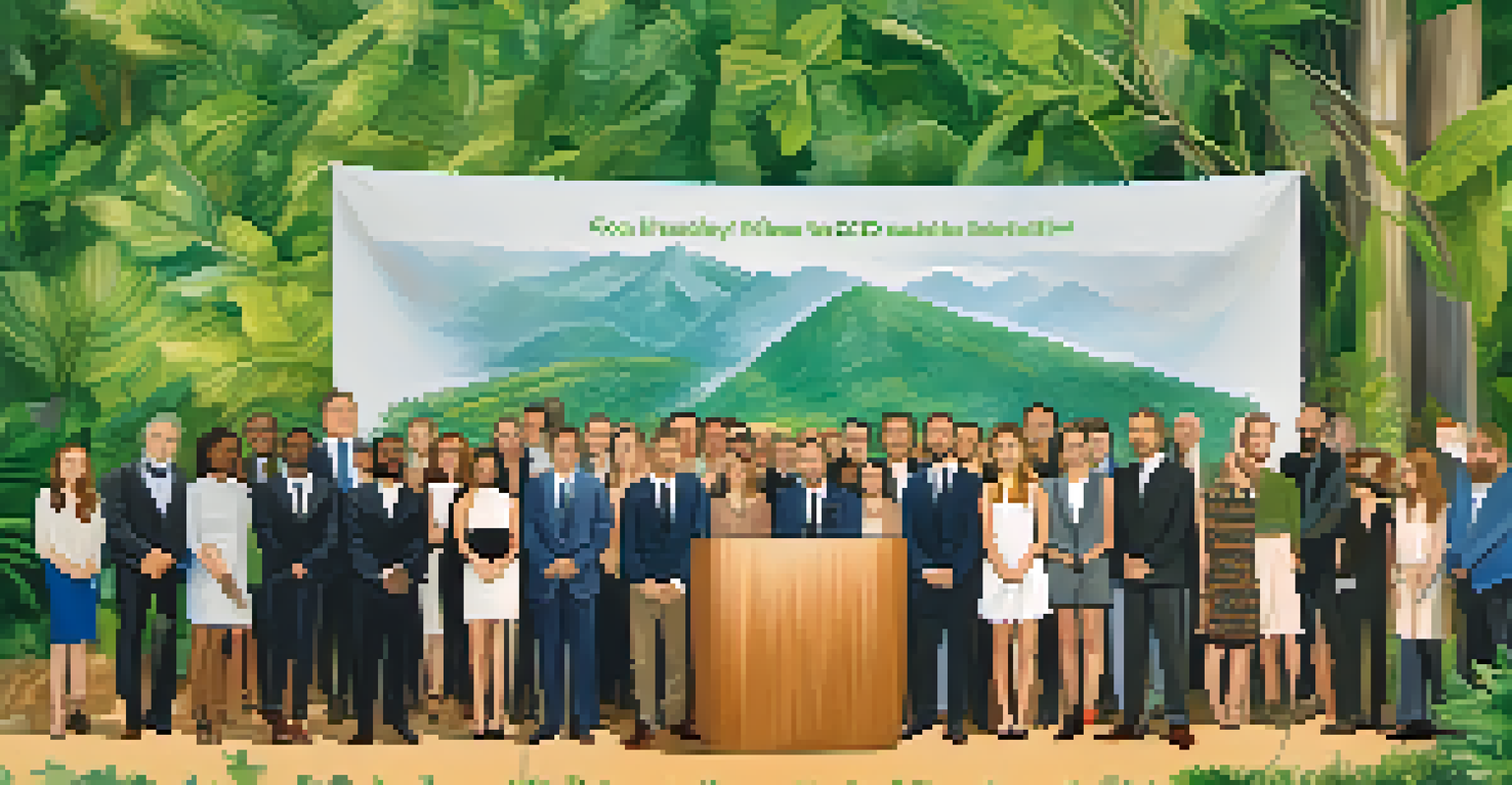 Celebrities at a press conference promoting eco-friendly films, surrounded by greenery and sustainability banners.