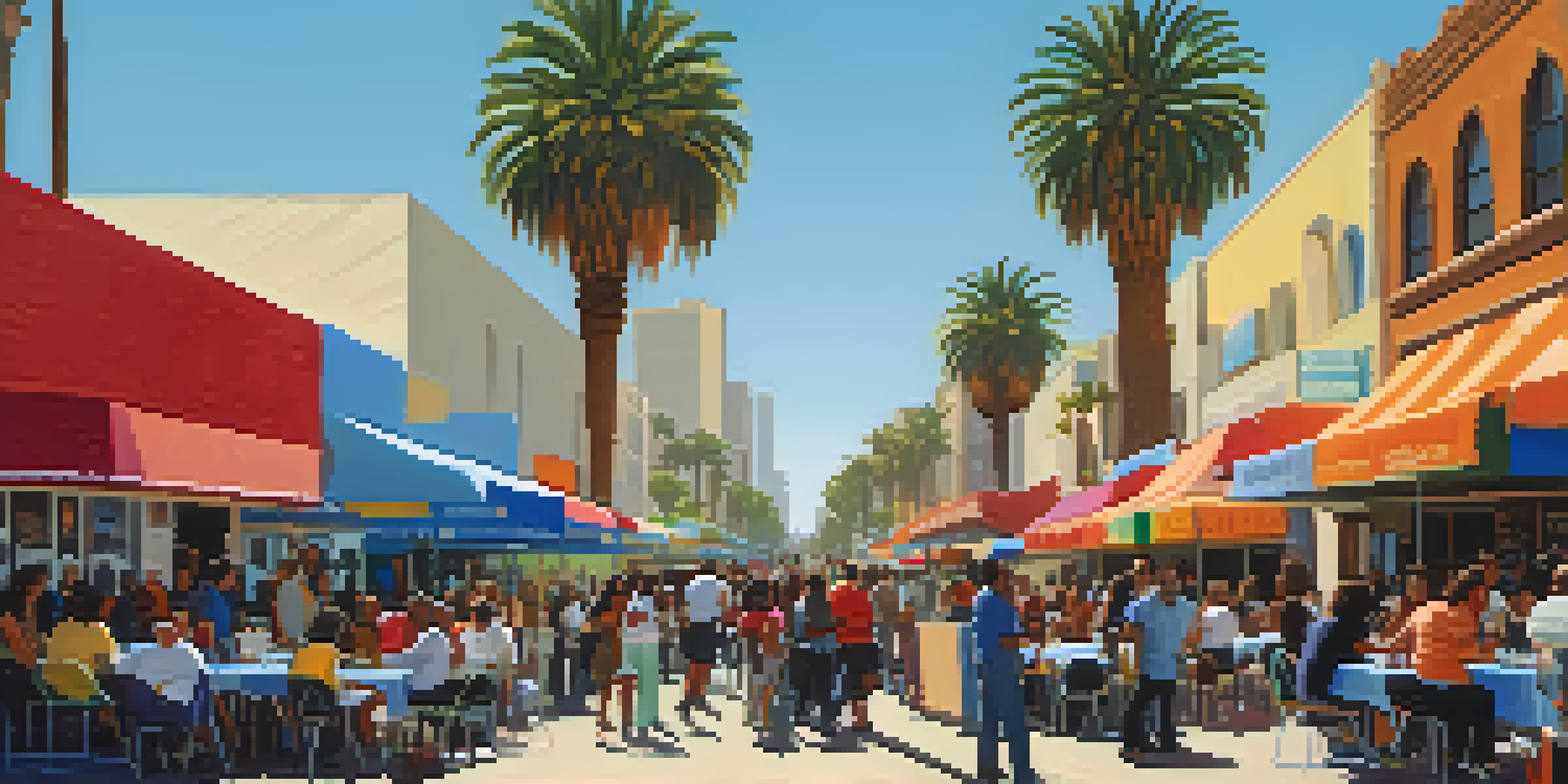 A lively street scene in Los Angeles with diverse community members engaged in a grassroots organization event, surrounded by informational tables and colorful banners.