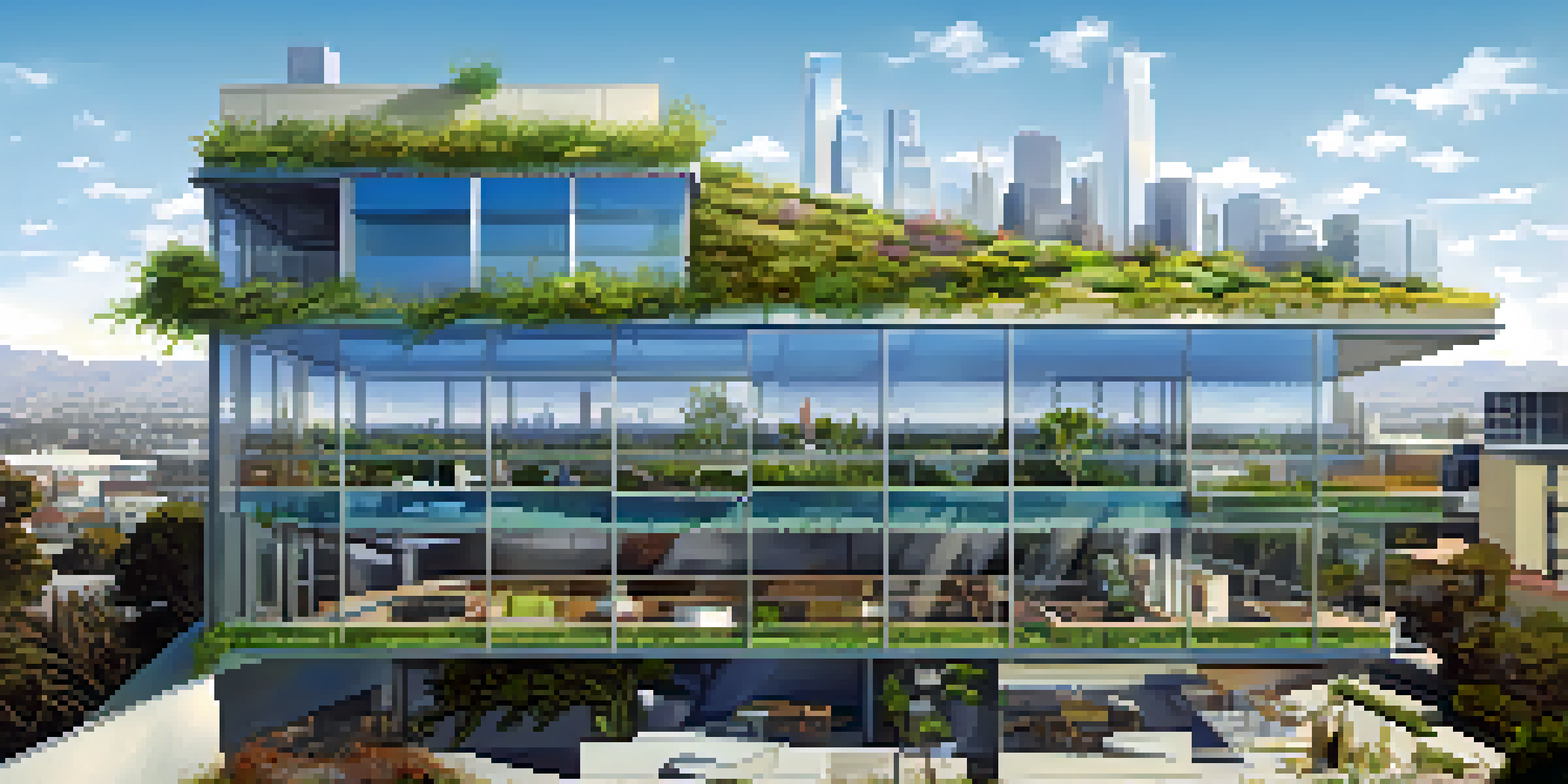 A sustainable building in Los Angeles with a green roof and solar panels, reflecting the skyline under a clear blue sky.