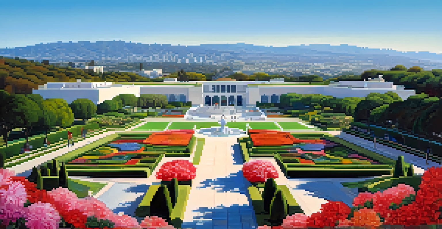 The Getty Center with its unique architecture and colorful gardens, surrounded by the Los Angeles skyline.