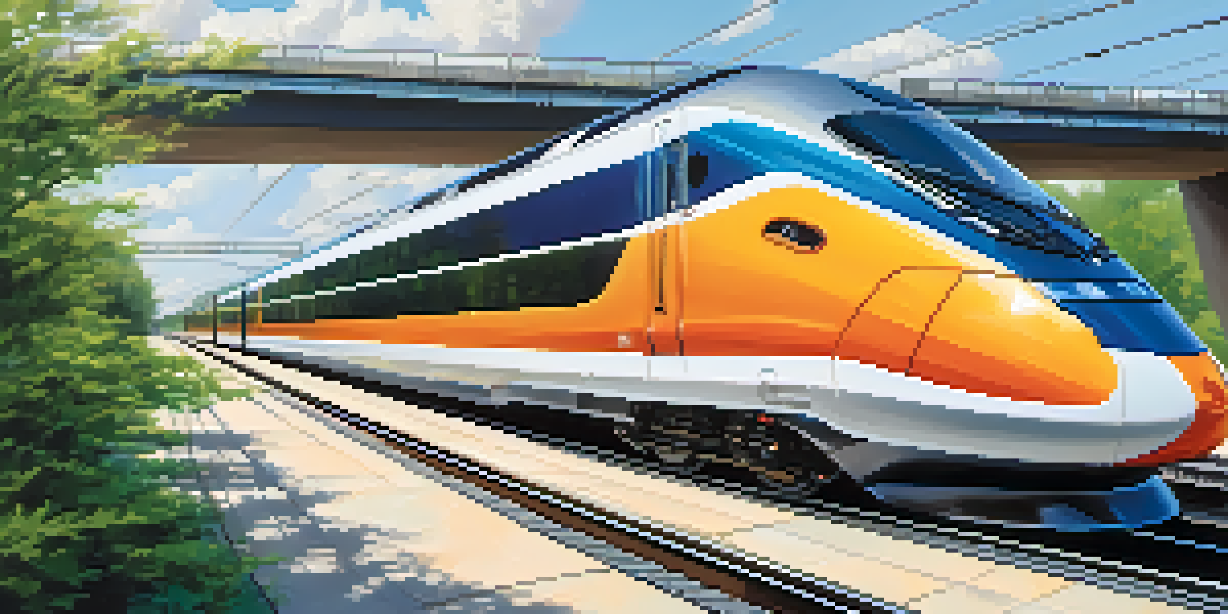 A high-speed train moving through a city with modern buildings and greenery, under a clear blue sky.