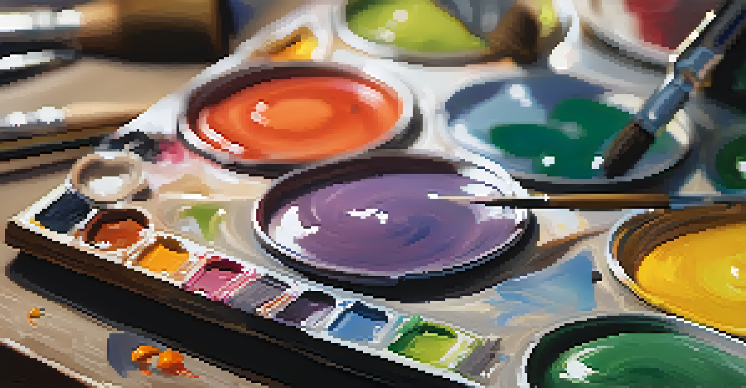 A close-up of a painter's palette with vibrant colors and brush strokes on a canvas.