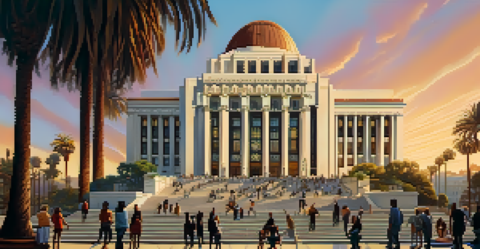 A sunset view of Los Angeles City Hall, highlighting its Art Deco architecture and a diverse group of people in front.