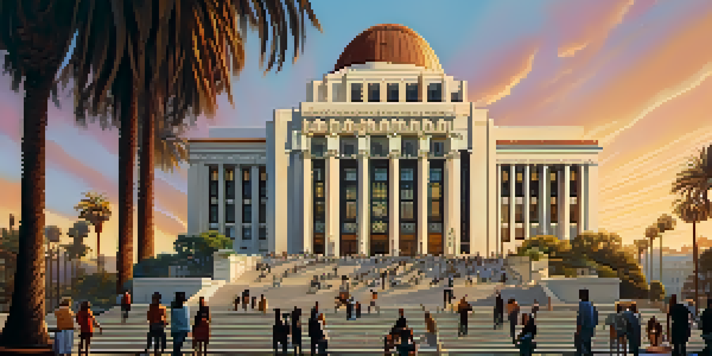 A sunset view of Los Angeles City Hall, highlighting its Art Deco architecture and a diverse group of people in front.