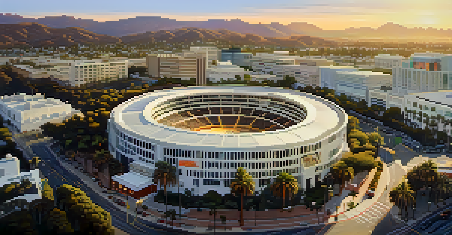 Aerial view of Capitol Studios with its circular design surrounded by palm trees and city streets, illuminated by a sunset.
