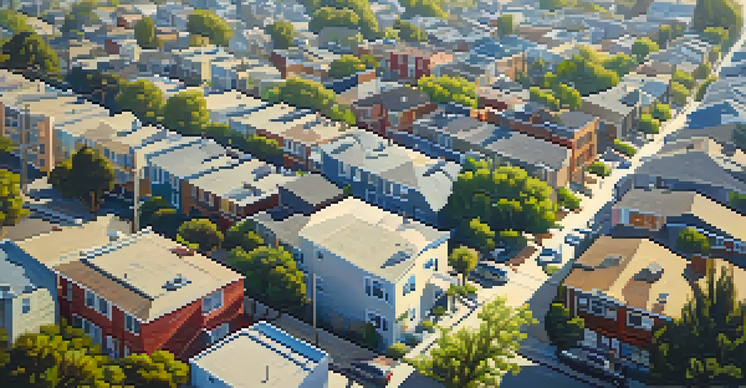An aerial perspective of a Los Angeles neighborhood showing a mix of old and new buildings near a subway station.