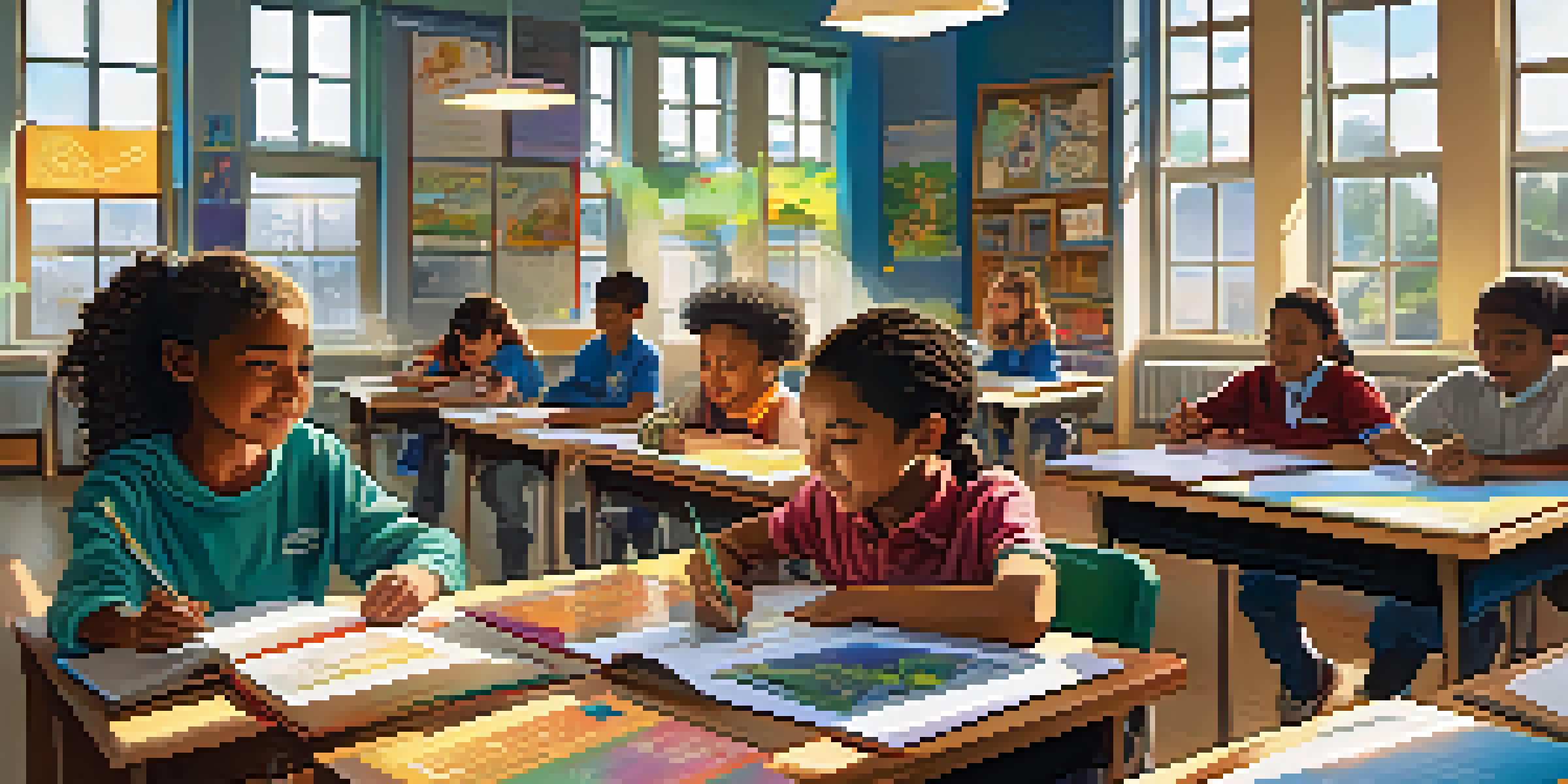 A lively classroom with diverse students working on a science project, sunlight shining through the windows.