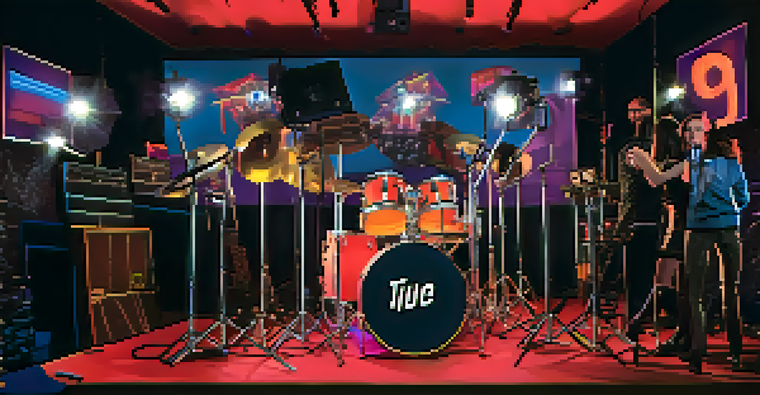 A vibrant music video production set with a band being filmed by a camera crew amidst creative lighting and props.