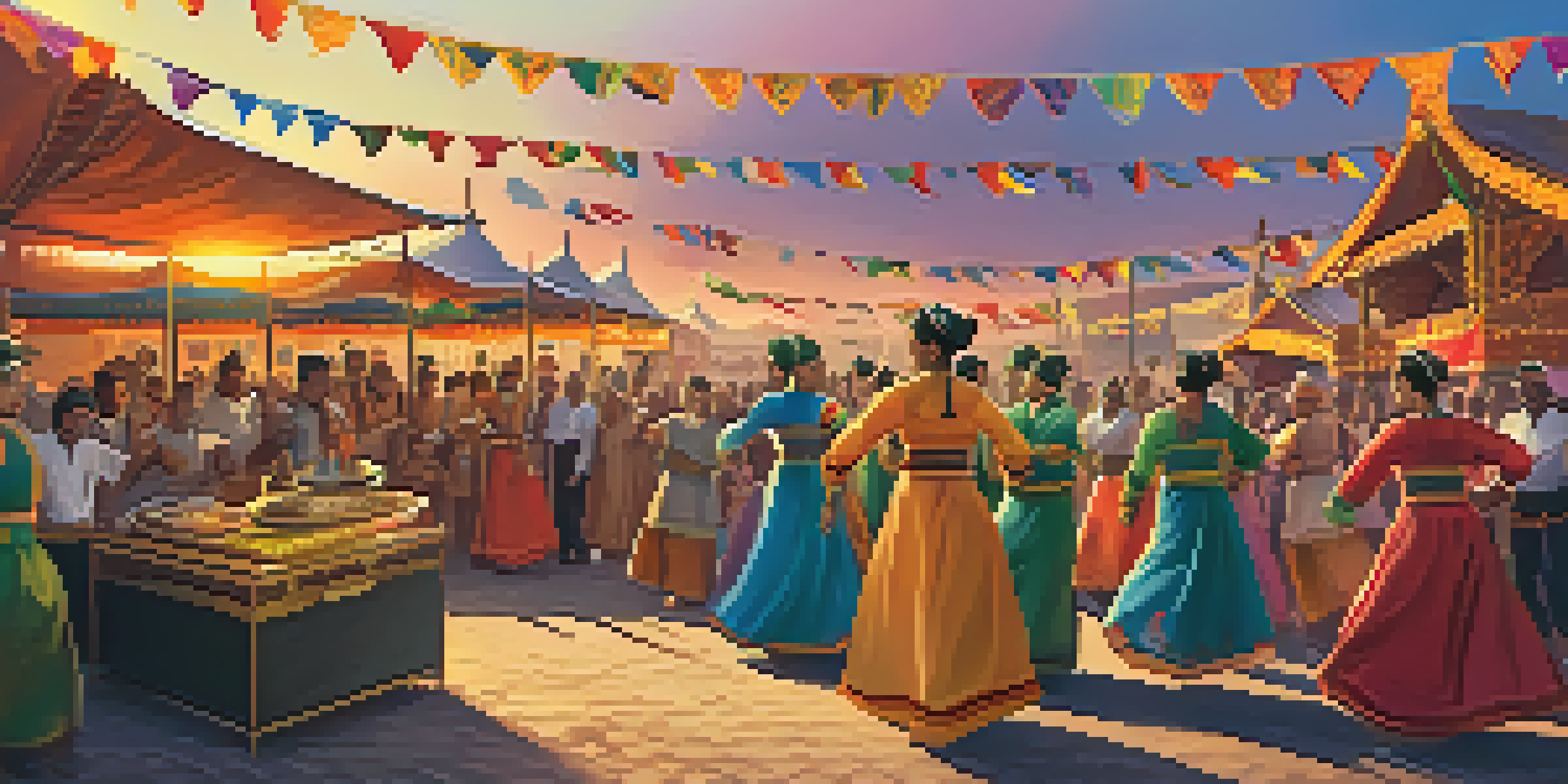 A lively festival scene with performers in colorful traditional costumes, food stalls, and people dancing under a sunset.
