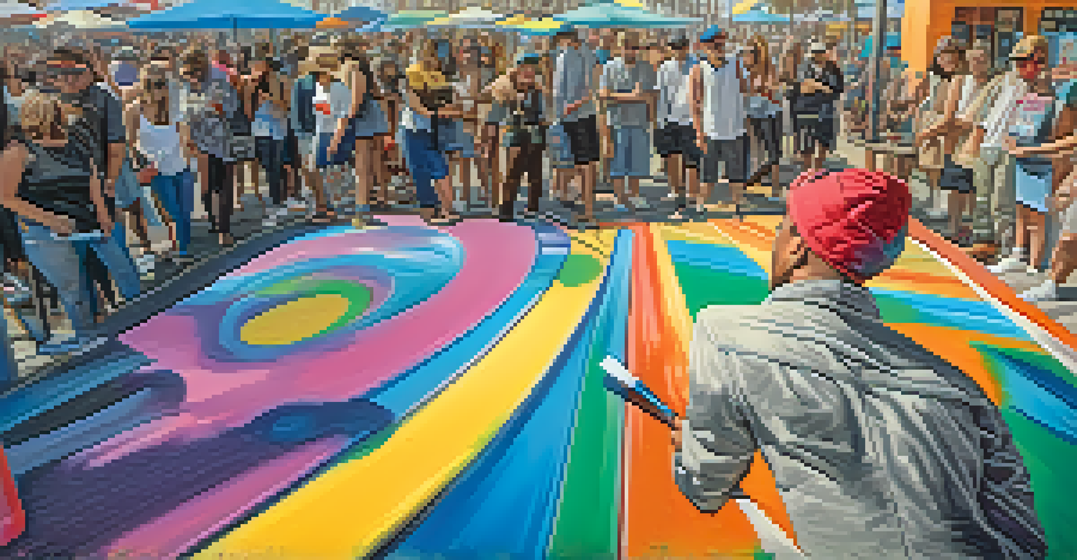 Close-up of a local artist painting a mural at Venice Beach, showcasing vibrant colors and onlookers.