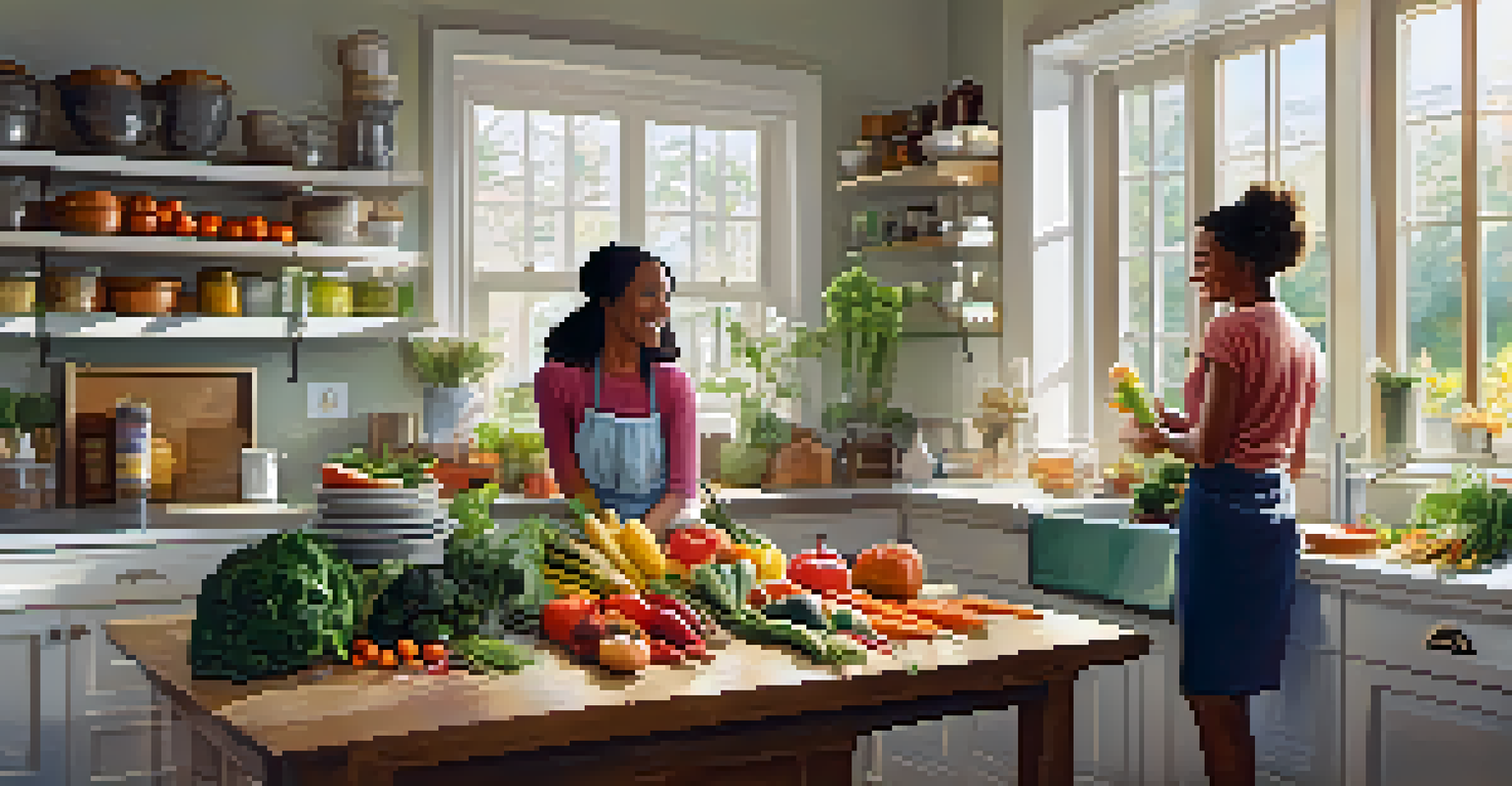 A family cooking together in a bright kitchen, surrounded by fresh vegetables and fruits, enjoying their time together.