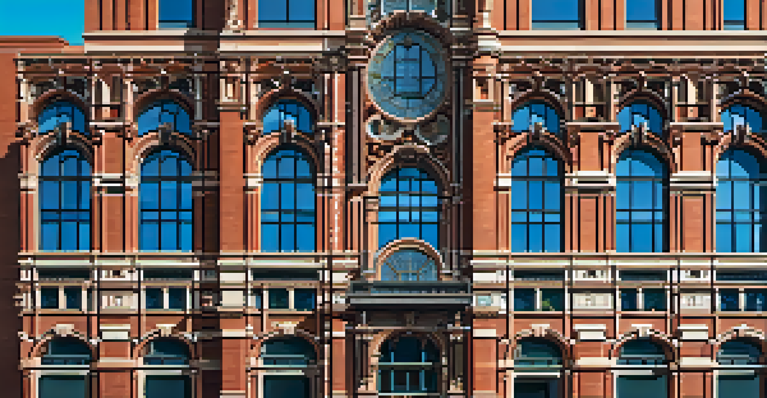 Exterior view of the Bradbury Building against a clear blue sky, emphasizing its Victorian and Romanesque architectural styles and intricate details.