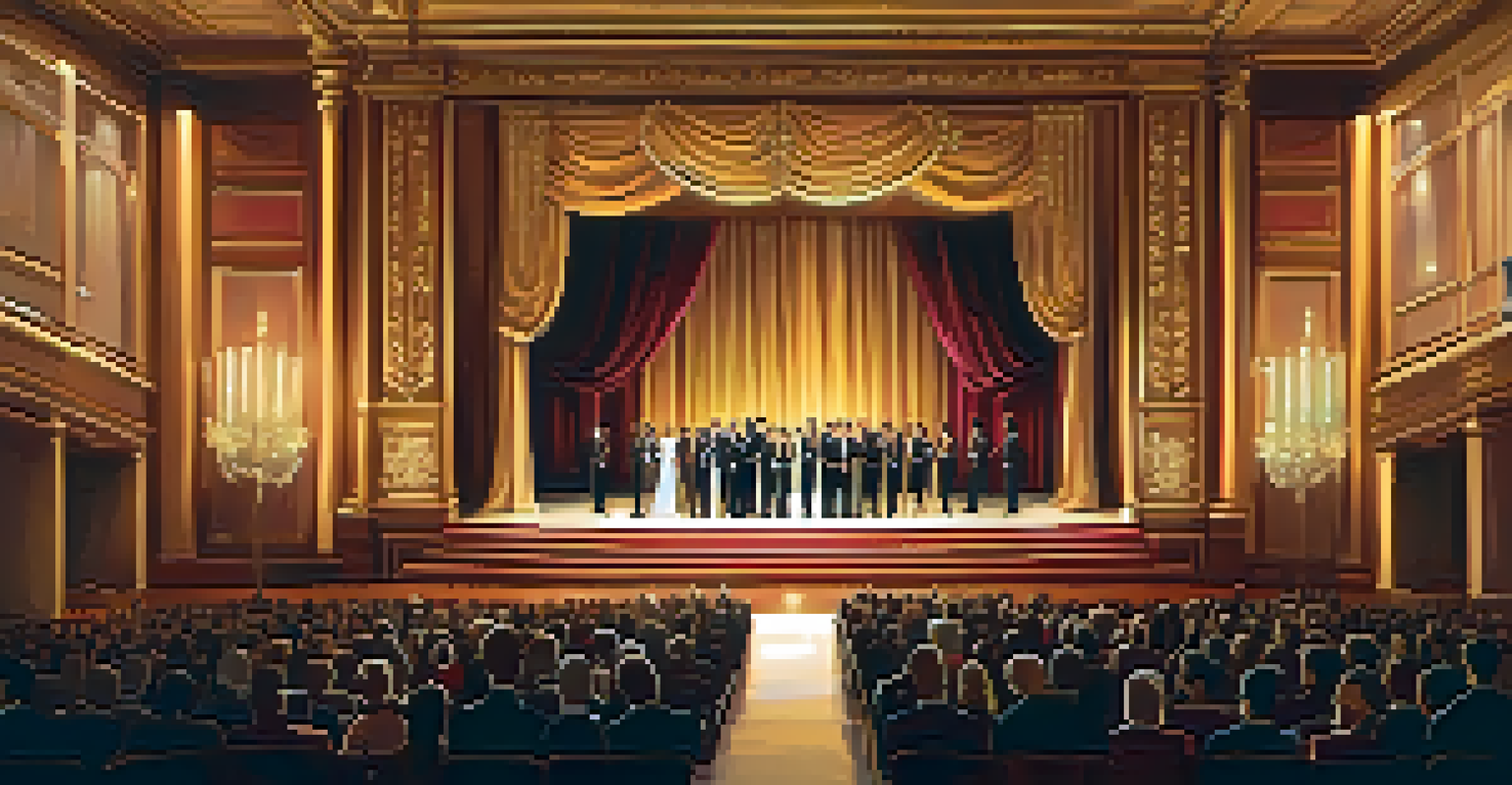An elegant awards ceremony interior with a decorated stage, golden accents, and an audience in formal attire under soft lighting.