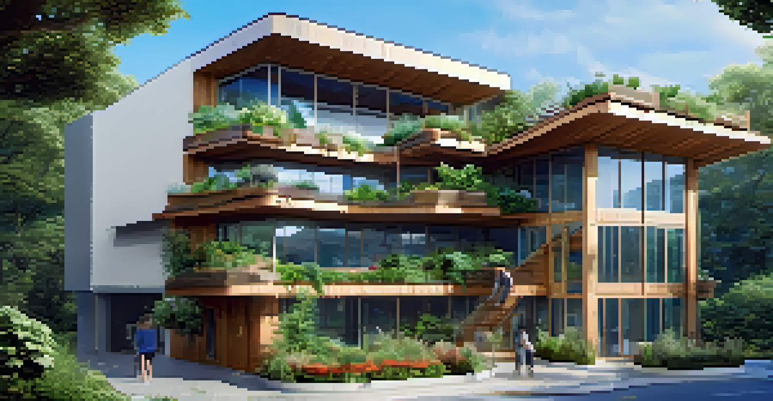 A modern eco-friendly building surrounded by greenery, featuring large windows and a rooftop garden under a clear blue sky.