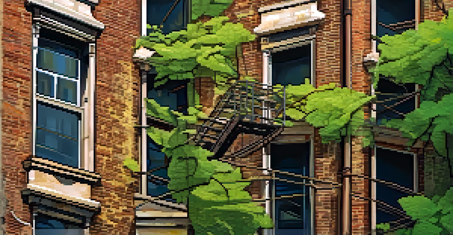 A close-up of a rusty fire escape on a crumbling brick building, surrounded by peeling paint and vines.
