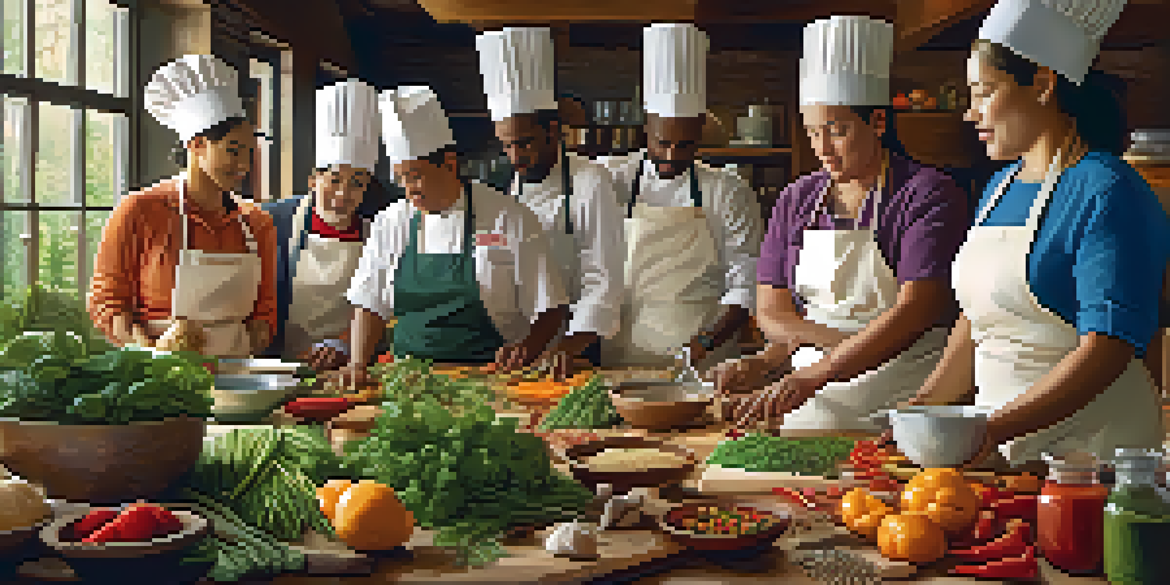 A lively kitchen with chefs of various ethnicities collaborating over fresh ingredients on a wooden table, illuminated by natural light.