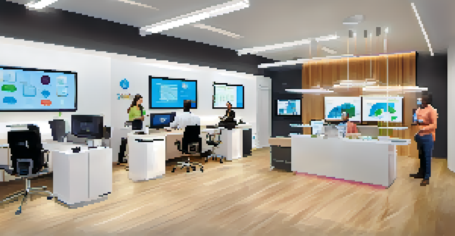A modern office of a health tech startup with employees using wearable devices and engaging in discussions.