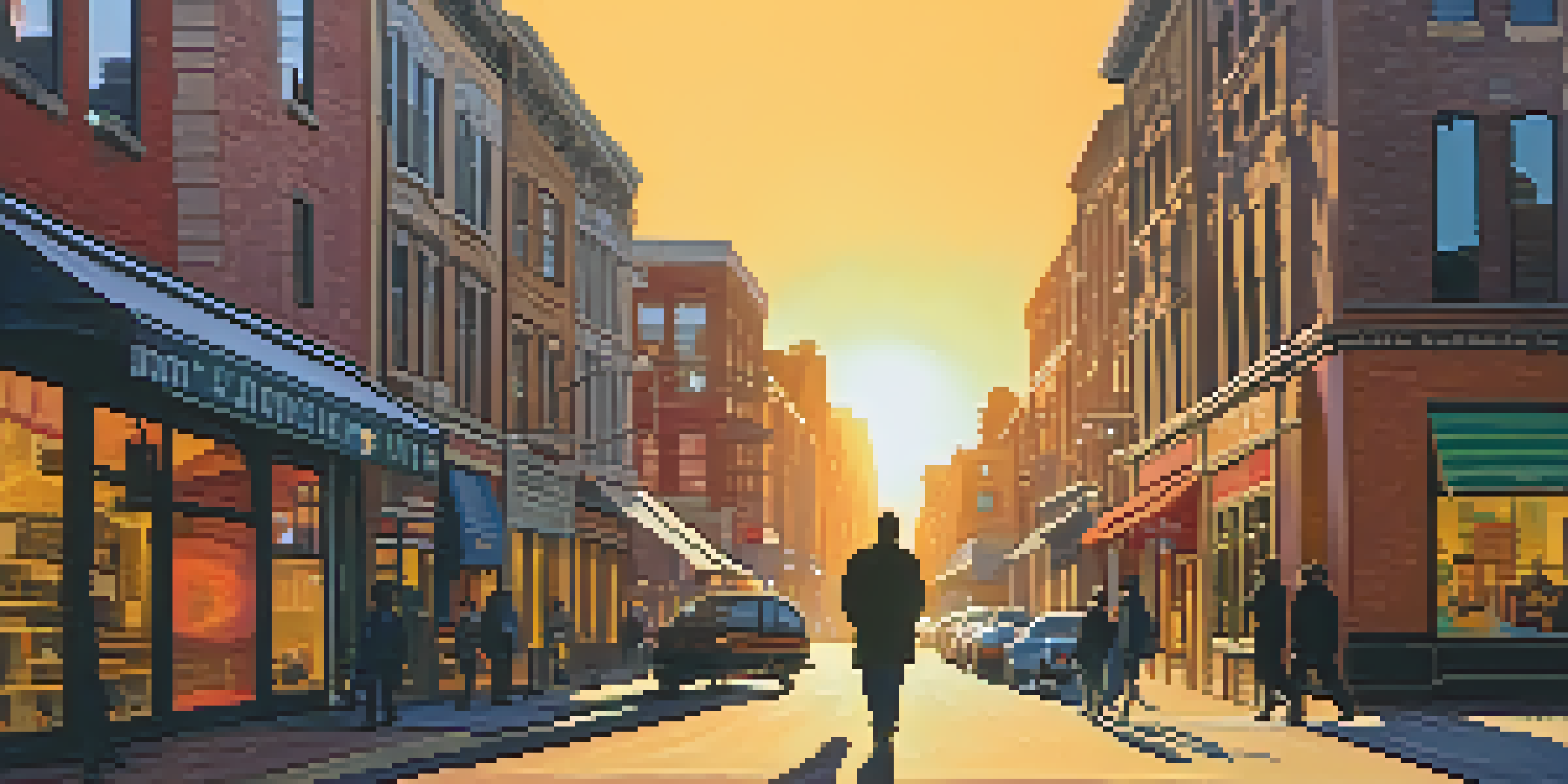 A city street filled with pedestrians during sunset, with a warm glow highlighting the scene.