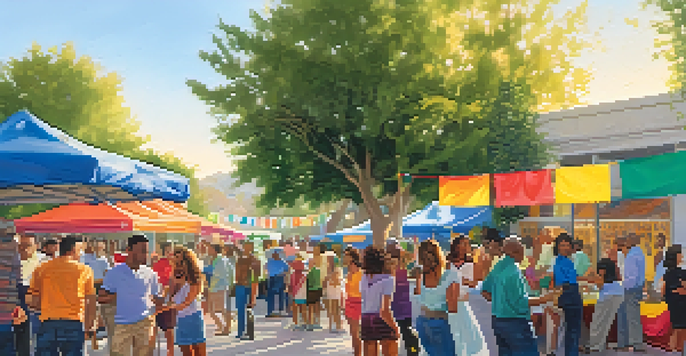 A diverse group of people participating in a community fundraising event in Los Angeles, with colorful banners and donation booths.