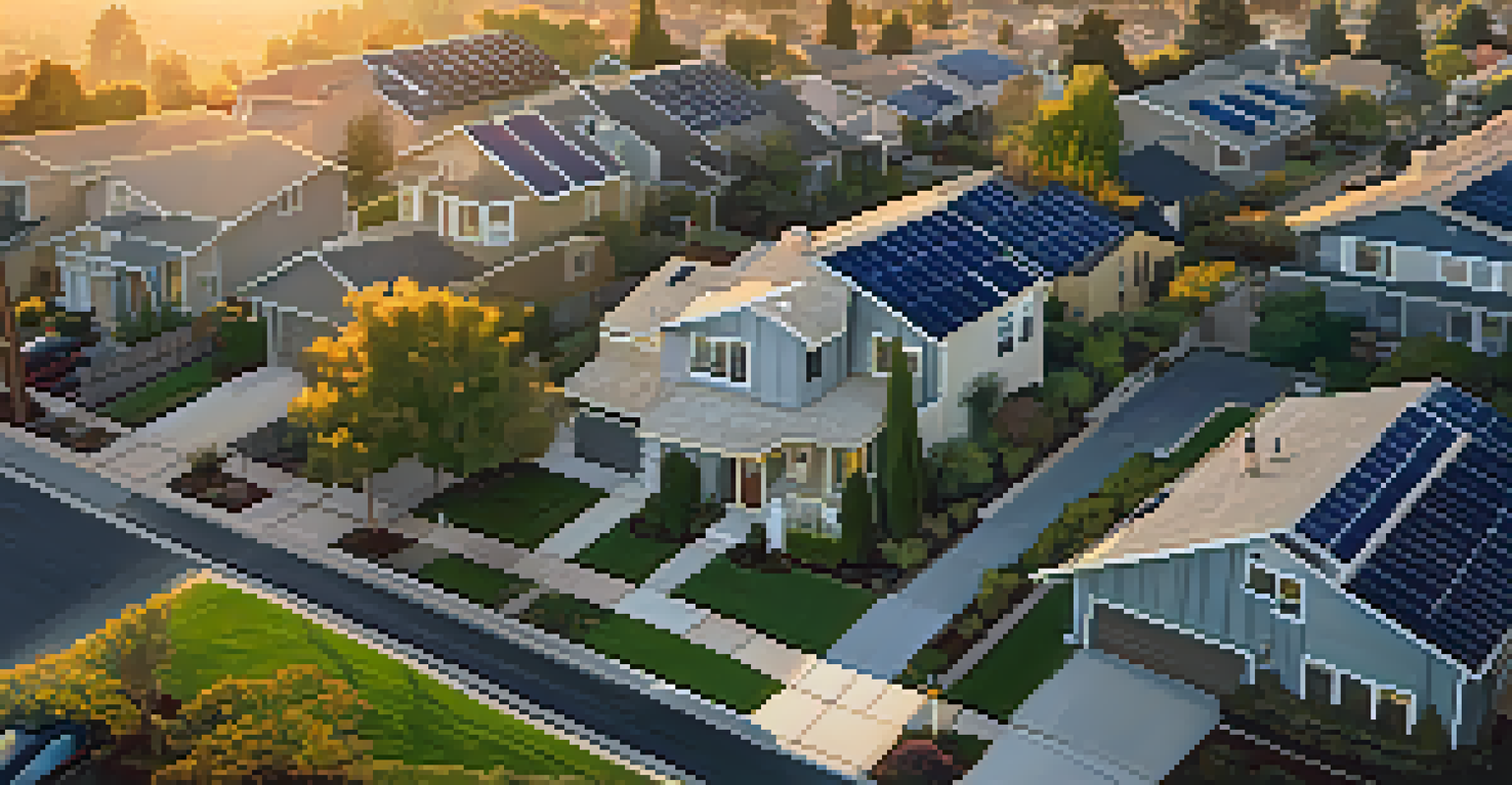 An aerial view of a Los Angeles neighborhood with solar panels on rooftops and smart devices in yards during sunset.