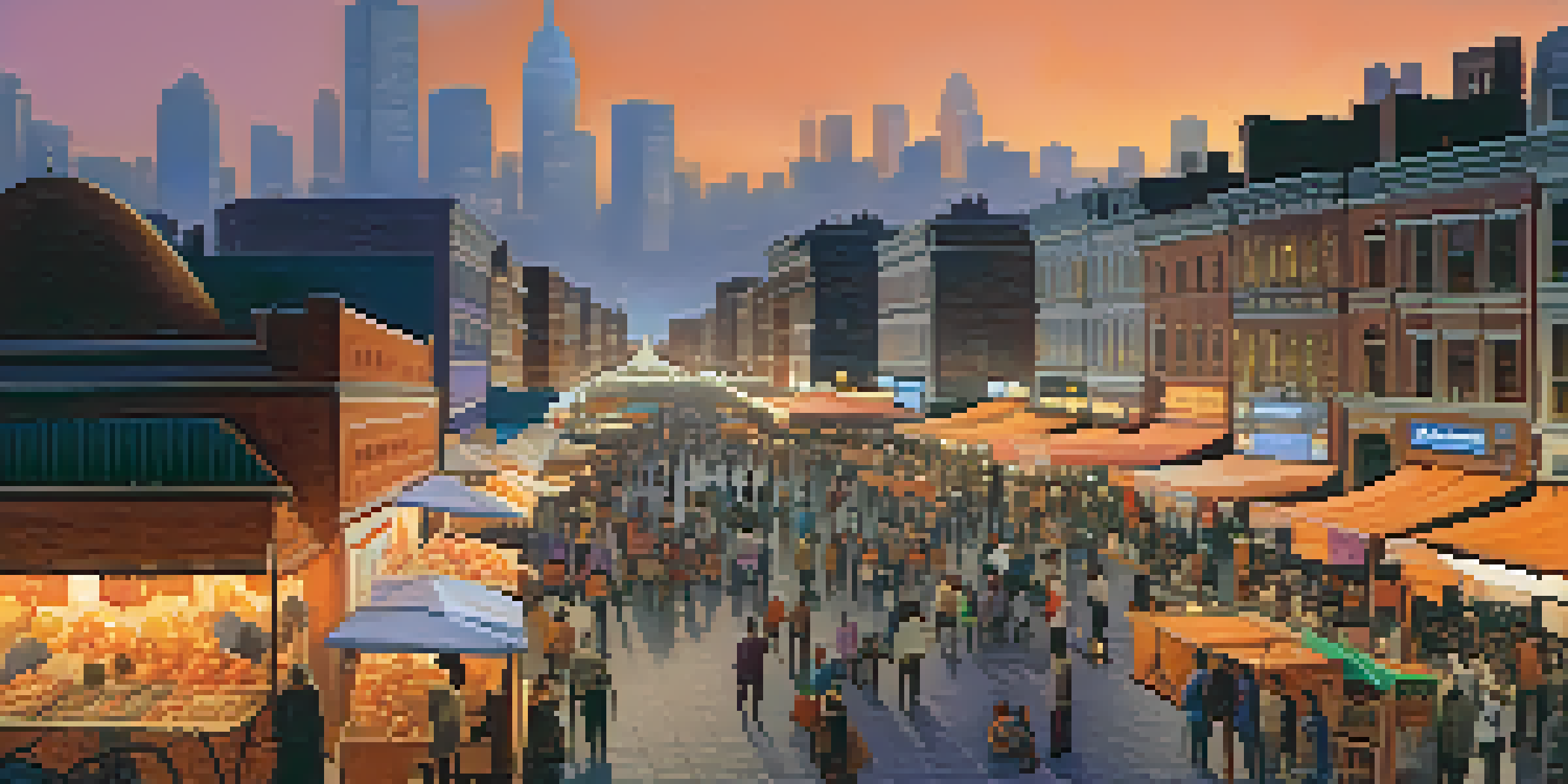 A vibrant city square at dusk filled with people, street vendors, and colorful stalls, with a sunset sky in the background.
