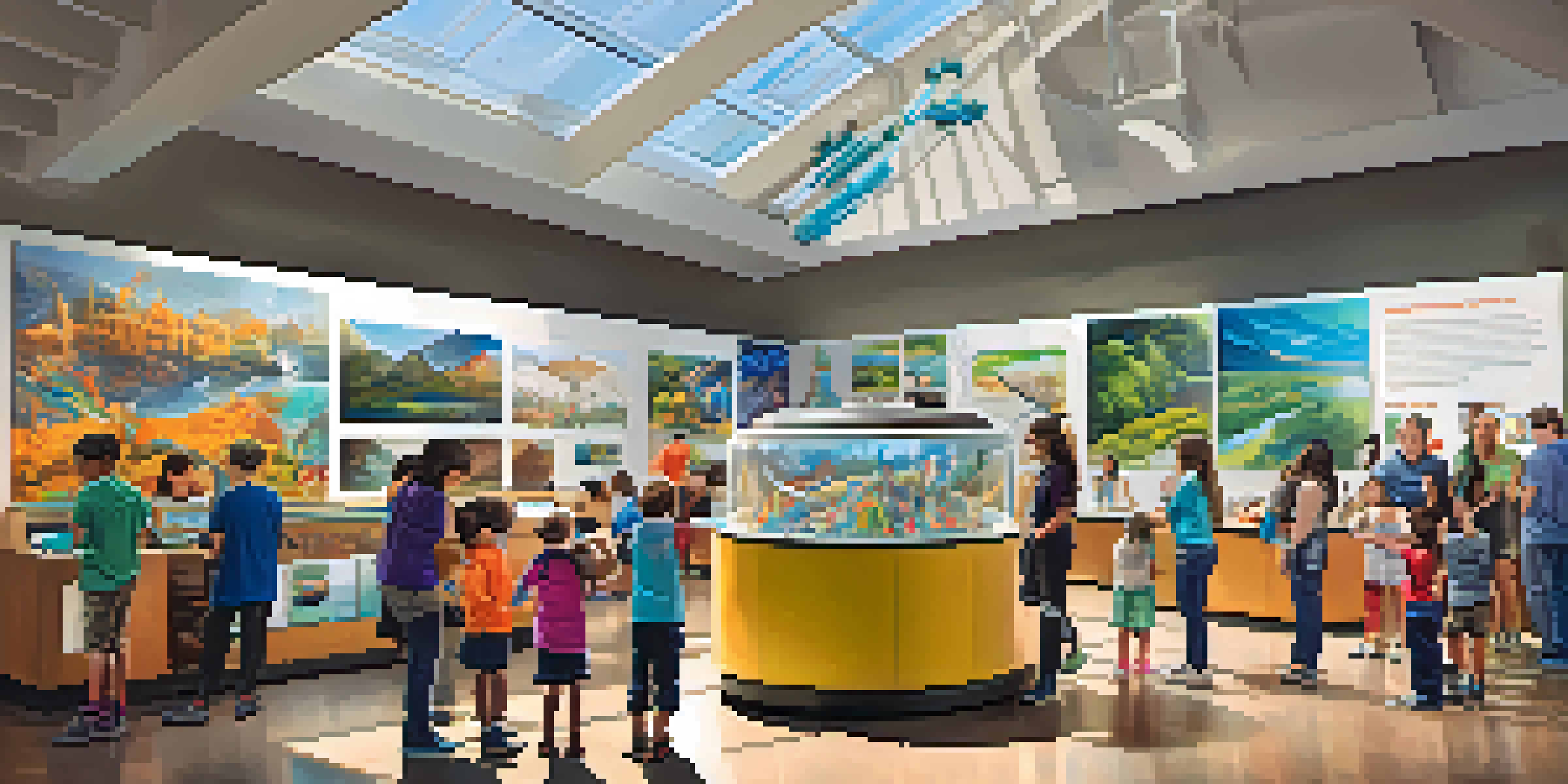 An interior view of the California Science Center with children and adults engaging with interactive science exhibits, illuminated by natural light.