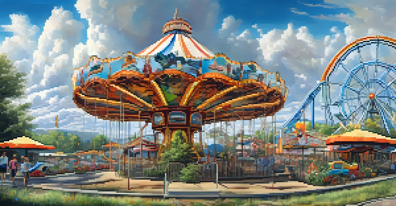 A panoramic view of a deserted amusement park with rusting rides and nature overtaking the area, under a cloudy sky.