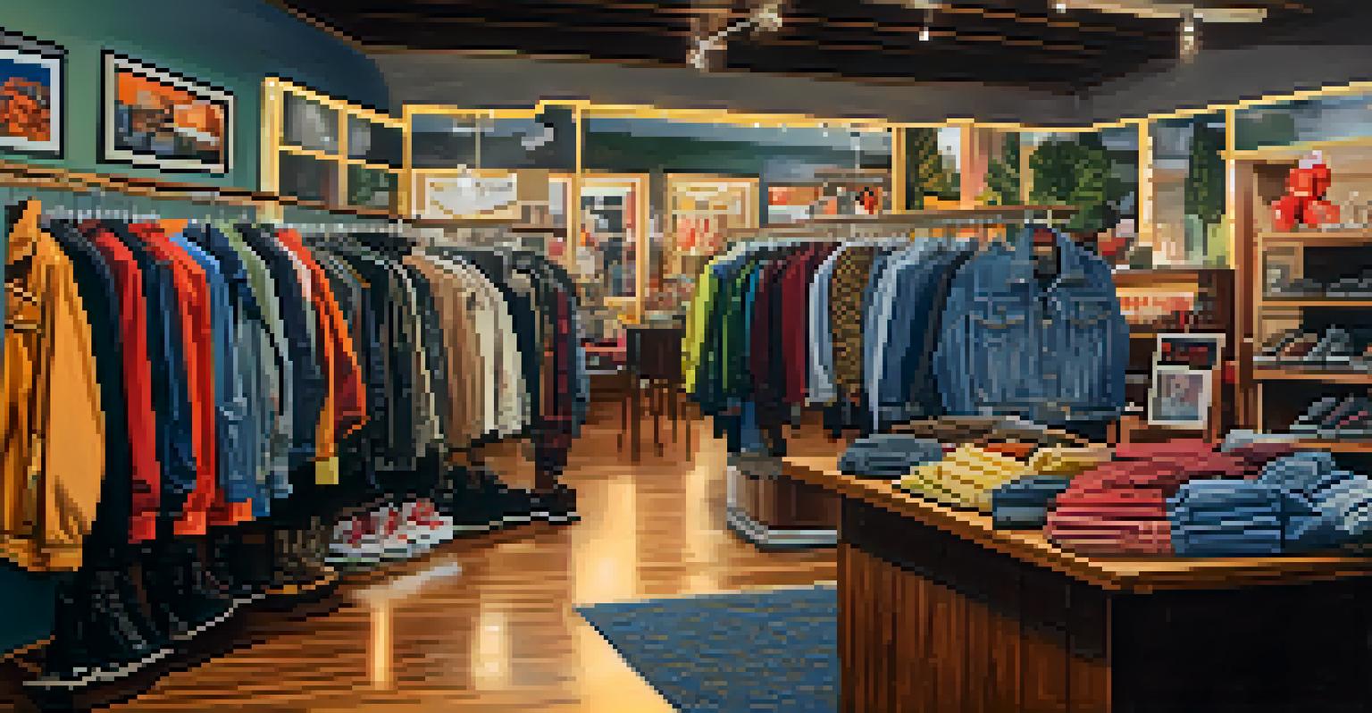 A vintage clothing store displaying retro fashion items and warm lighting, creating a nostalgic atmosphere.