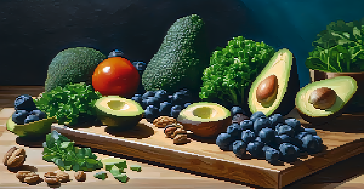 A wooden cutting board with kale, blueberries, avocado, and walnuts arranged with a knife, showcasing vibrant colors.