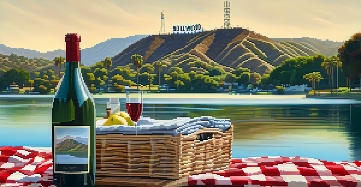 A picturesque scene from Lake Hollywood Park featuring the Hollywood Sign in the background with a picnic setup in the foreground.