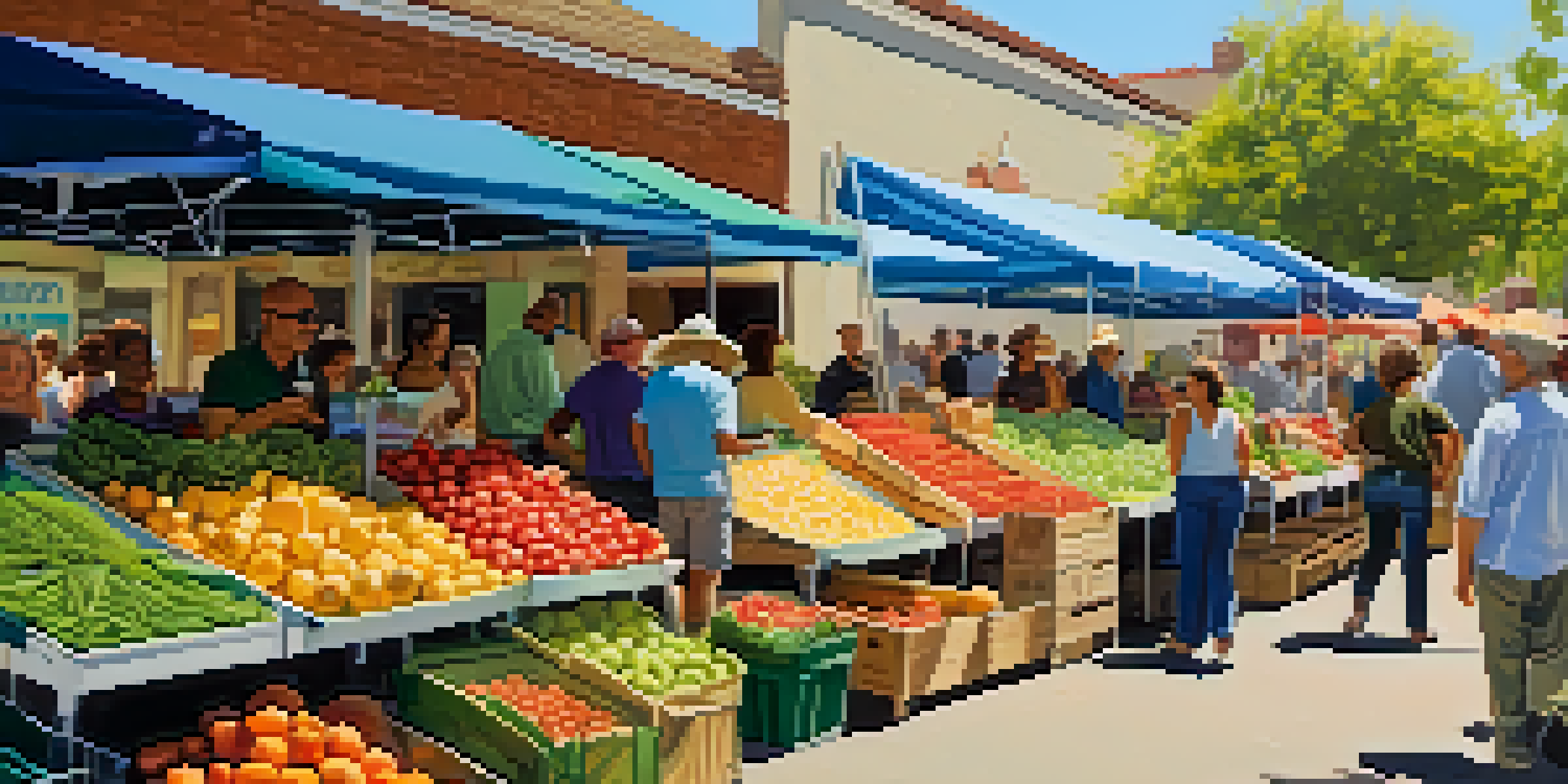 An outdoor farmers' market in Los Angeles showcasing colorful fruits and vegetables with shoppers and vendors interacting under green canopies.