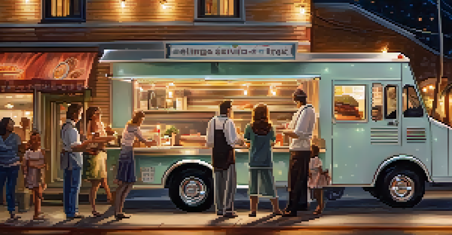 A lively outdoor food truck event at night, featuring a gourmet burger truck and happy customers enjoying the food.