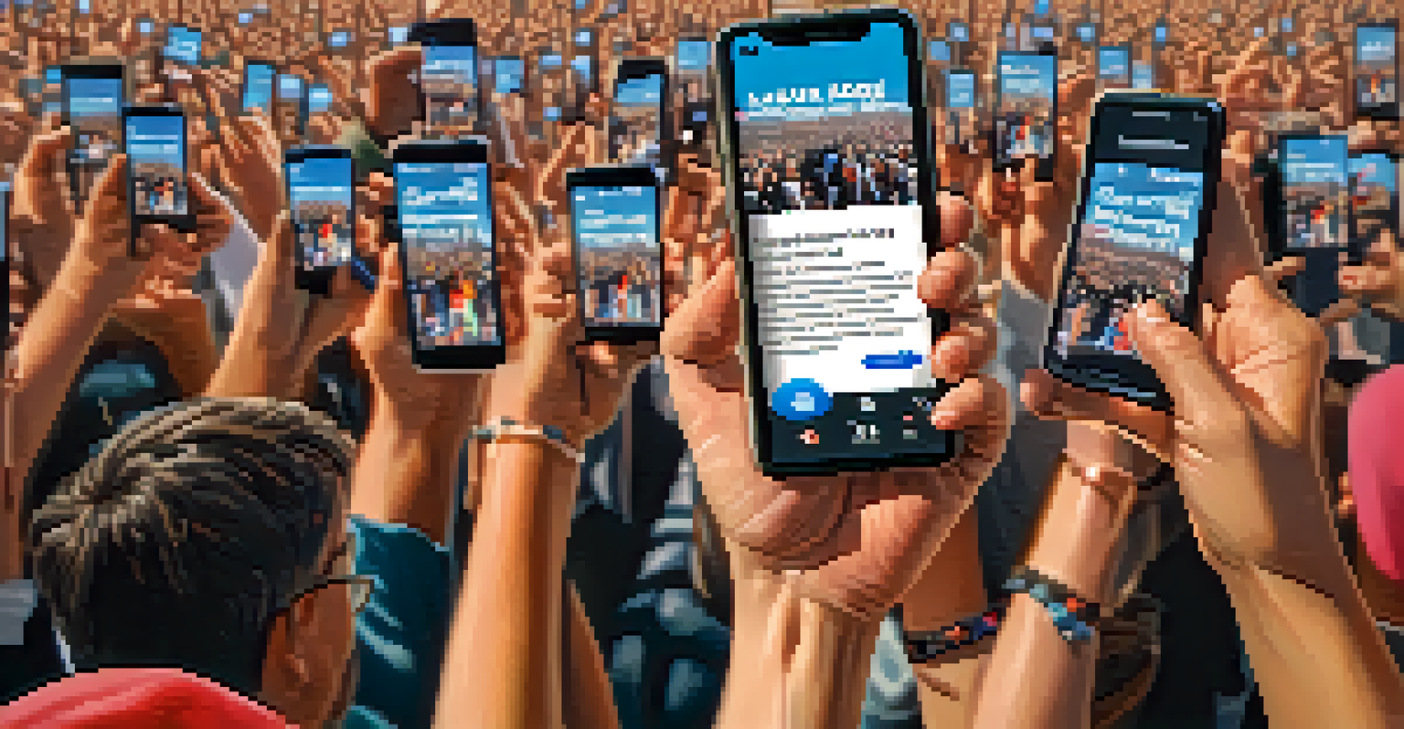 Close-up of hands holding a smartphone showing a social media post about a grassroots movement, with a blurred rally in the background.