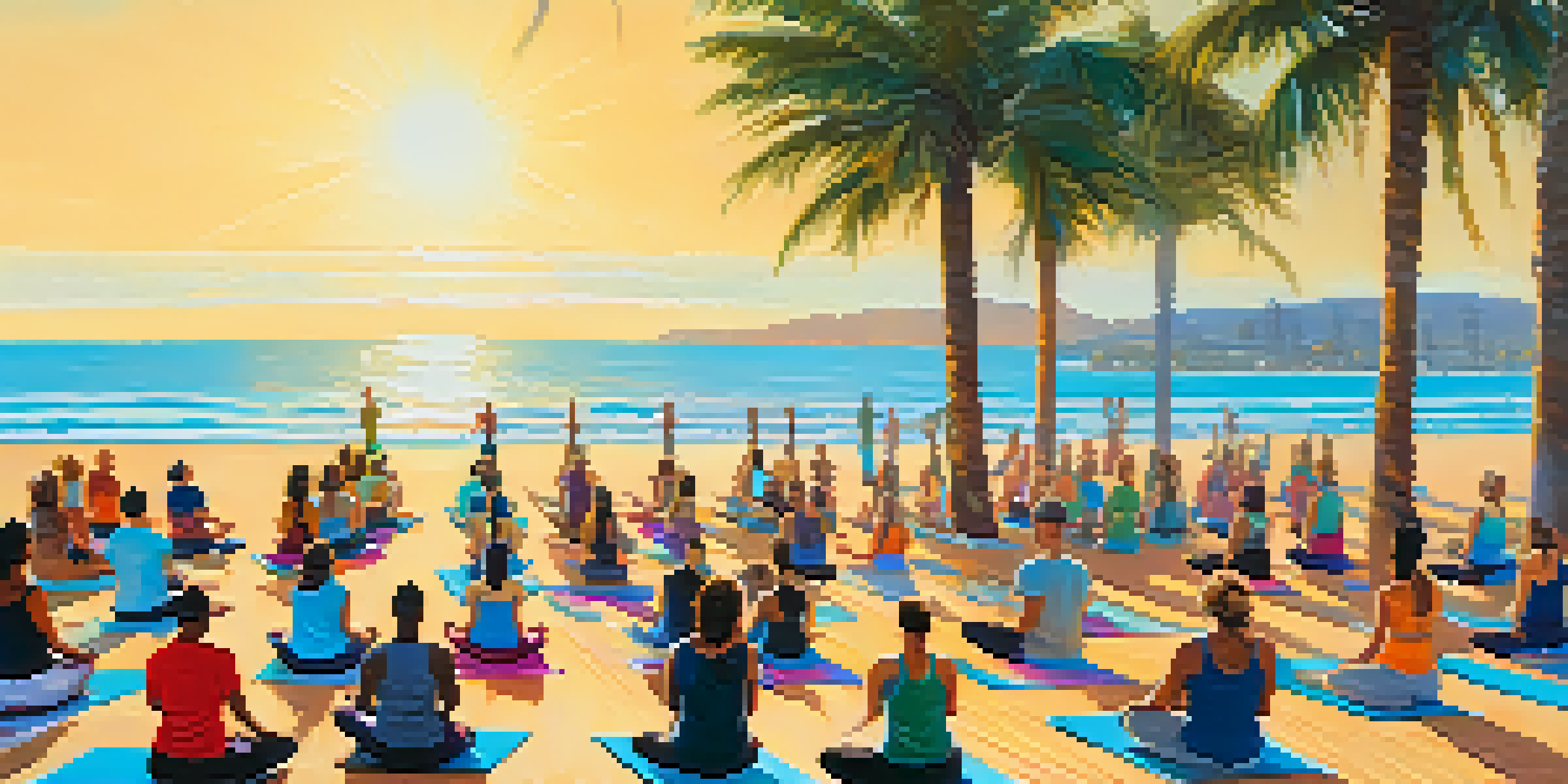 A group of diverse individuals practicing yoga on a beach in Los Angeles, surrounded by palm trees and the ocean.