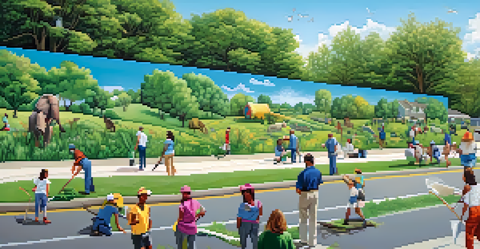 A vibrant mural focused on environmental sustainability, with community members engaging in clean-up activities.