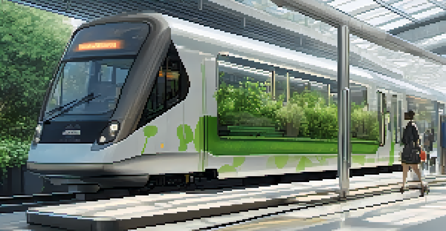 A modern train arriving at a beautifully designed station with passengers waiting on the platform.