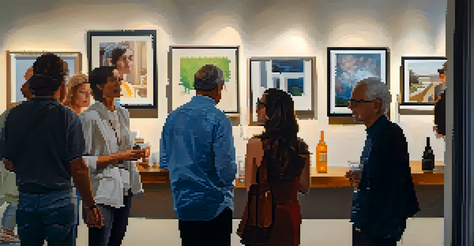 Visitors enjoying an art walk in a small gallery in Culver City, surrounded by contemporary art.