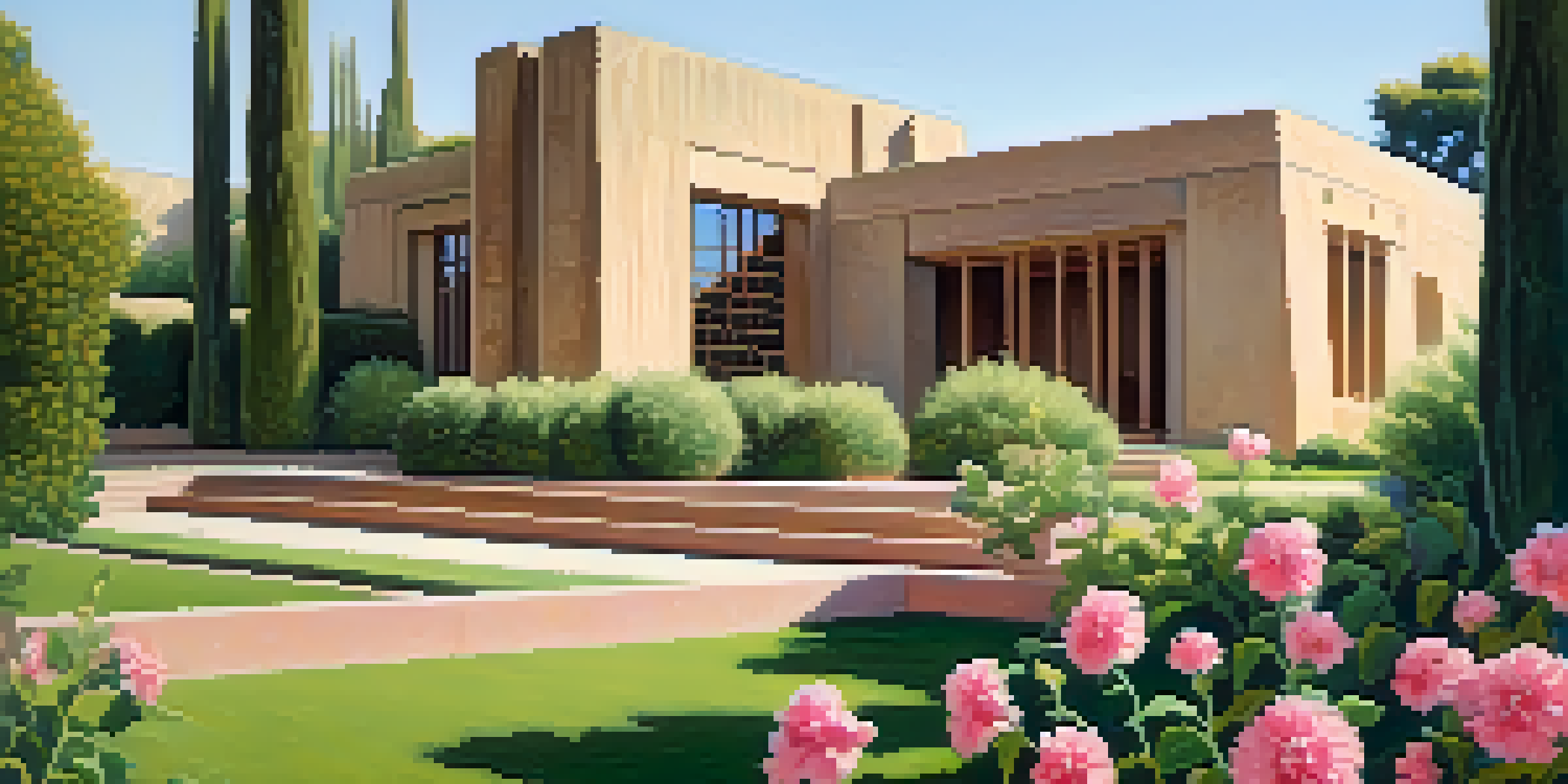 The Hollyhock House in Los Angeles, surrounded by greenery and showcasing intricate flower motifs.