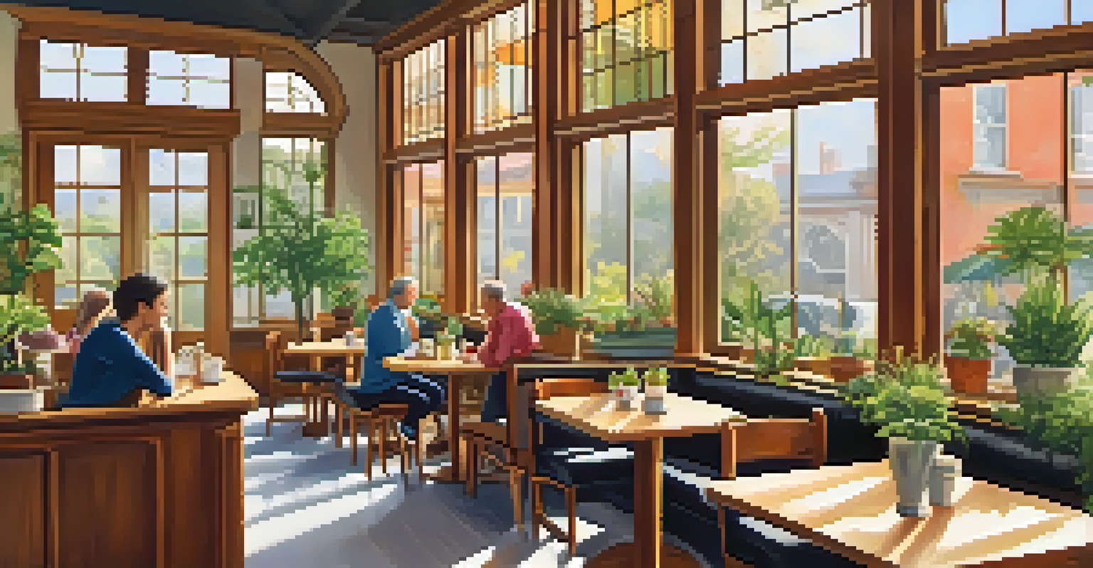 A cozy wellness cafe with wooden furniture and plants, filled with patrons enjoying healthy meals.