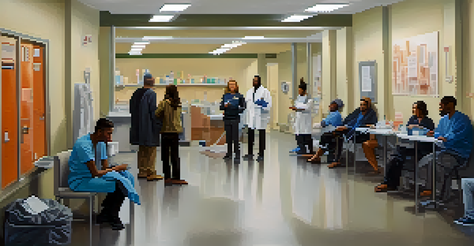 A supervised injection site in a modern urban setting, with individuals receiving support from staff in a clean and safe environment.