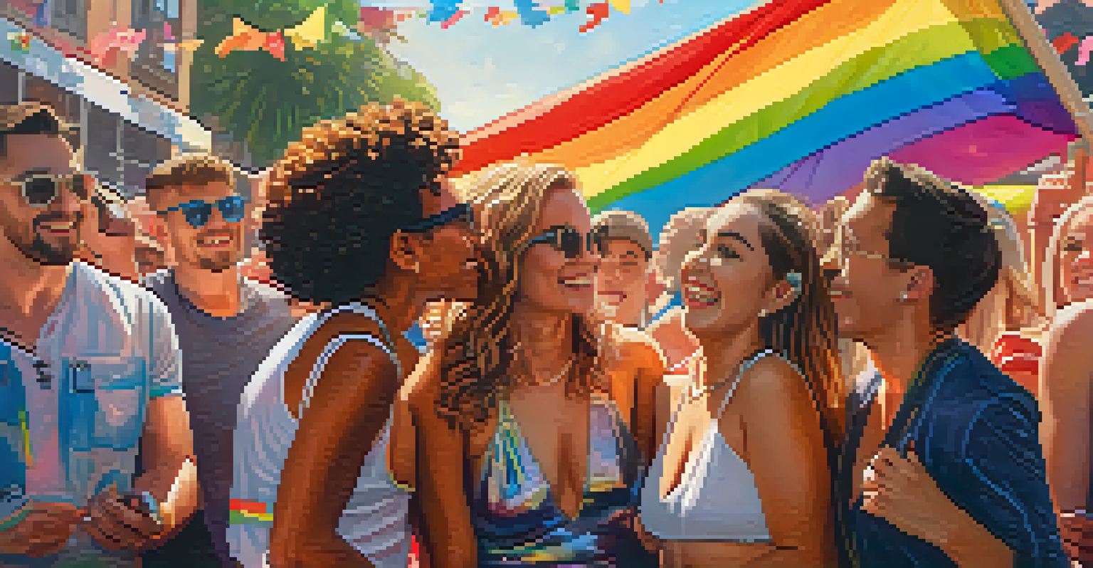 A group of friends joyfully celebrating at Los Angeles Pride, wearing colorful outfits and surrounded by rainbow decorations in a warm sunset light.