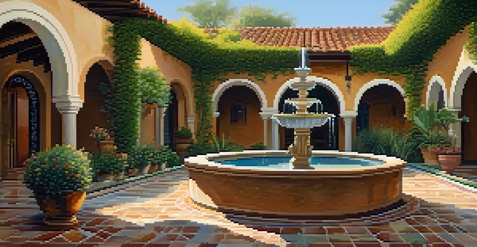 A serene courtyard featuring a fountain, intricate tilework, and vibrant greenery typical of Spanish Colonial Revival architecture.