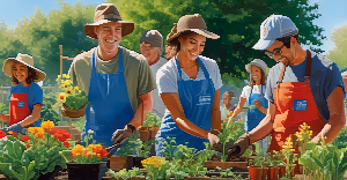 A group of diverse volunteers planting flowers and vegetables in a community garden on a sunny day.